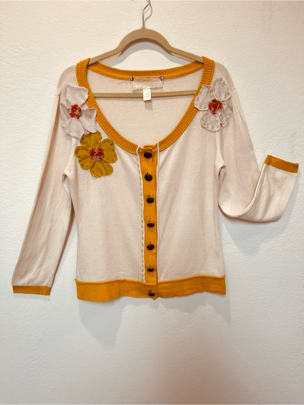 Unique Whimsy Cream 100% Cotton Cardigan with Mustard Rib Trim